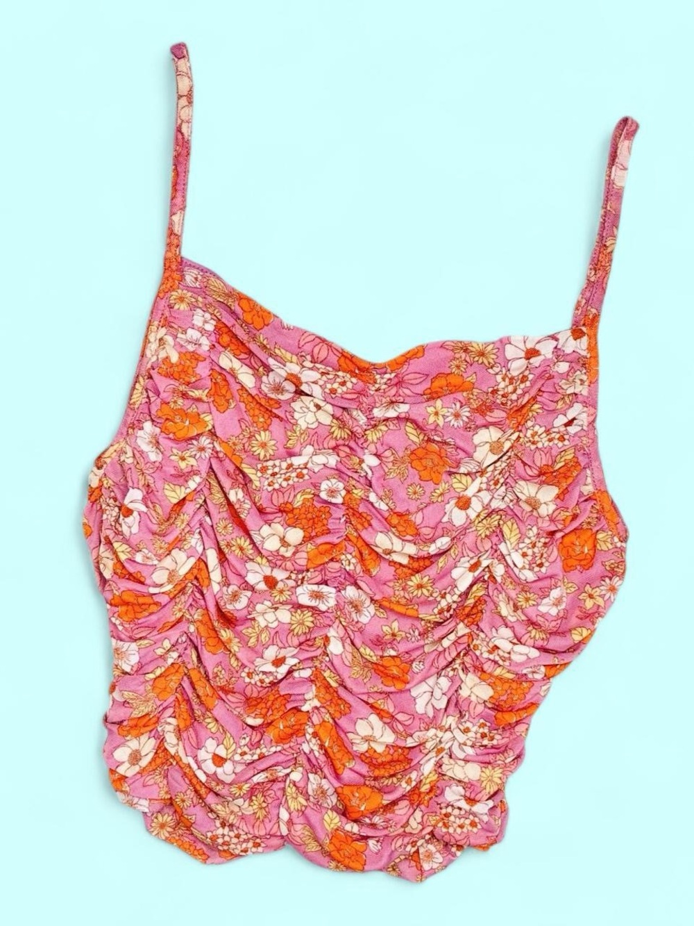 NWT Sweet Rain Pink Orange Floral Ruched Cropped Tank Top